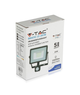 Projektor LED V-TAC 20W SAMSUNG CHIP Czujnik Ruchu Funkcja Cut-OFF Czarny VT-20-S 3000K 1600lm 5 Lat Gwarancji