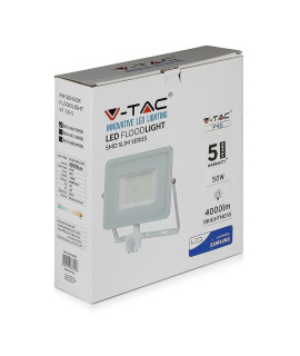 Projektor LED V-TAC 50W SAMSUNG CHIP Czujnik Ruchu Funkcja Cut-OFF Biały VT-50-S 6400K 4000lm 5 Lat Gwarancji