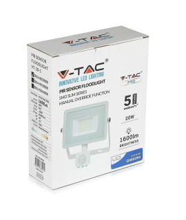 Projektor LED V-TAC 20W SAMSUNG CHIP Czujnik Ruchu Funkcja Cut-OFF Biały VT-20-S 3000K 1600lm 5 Lat Gwarancji